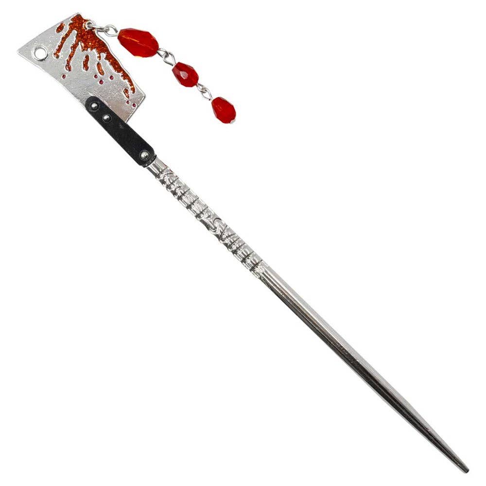 Decorative sword with blood effects and red stones on a white background