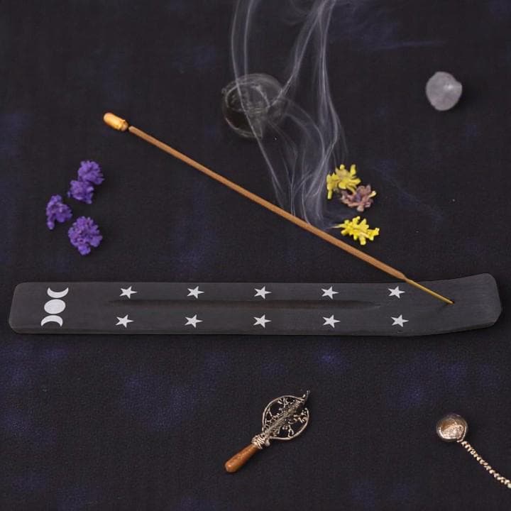 Triple Moon Incense Ash Catcher: Handcrafted Mango Wood, Silver Stars