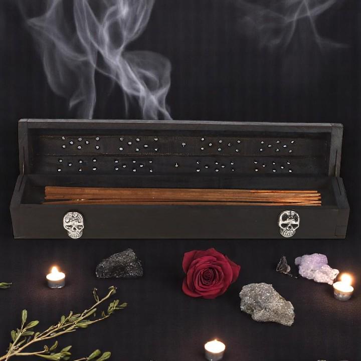 Gothic Skull Incense Box: Wooden Storage with Silver Accents