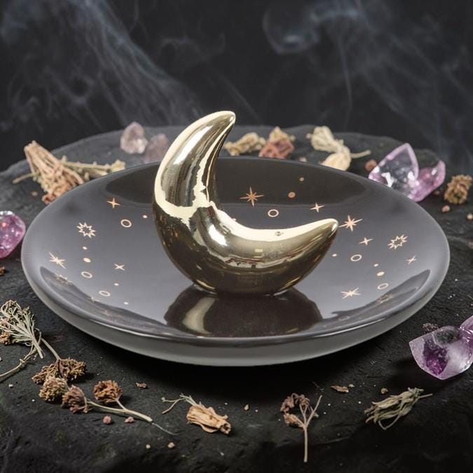 Gold Crescent Moon Ceramic Incense Holder: Celestial Ash Catcher