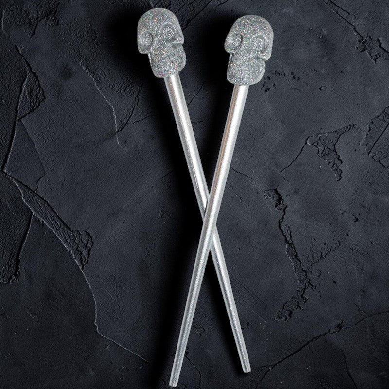 Skull Collection Silver Glitter Hair Sticks